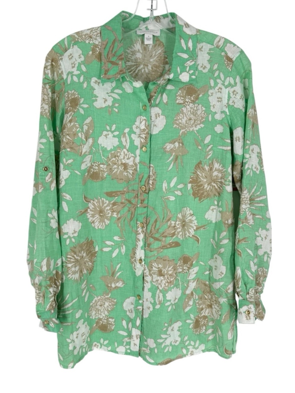 Charter Club Linen Blouse Womens Size Small Green Floral Roll Tab Sleeve